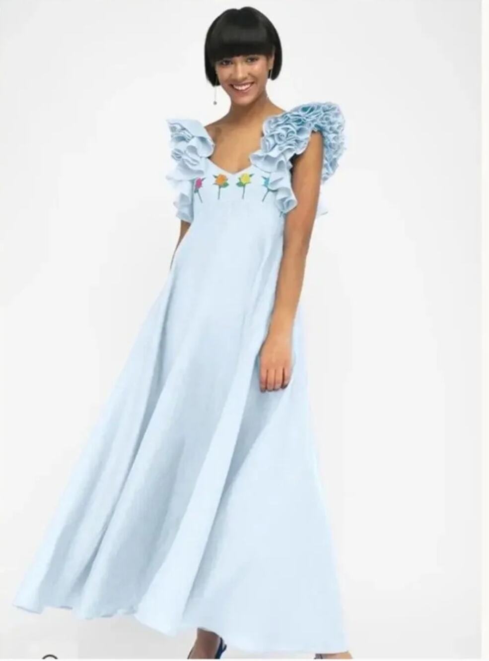 Fanm Mon Demre Ruffle Rose Embroidered Maxi Dress Linen Blue